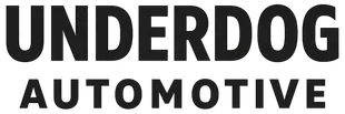 Black and white logo: dog head and car silhouette above