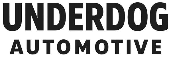 Black and white logo: dog head and car silhouette above